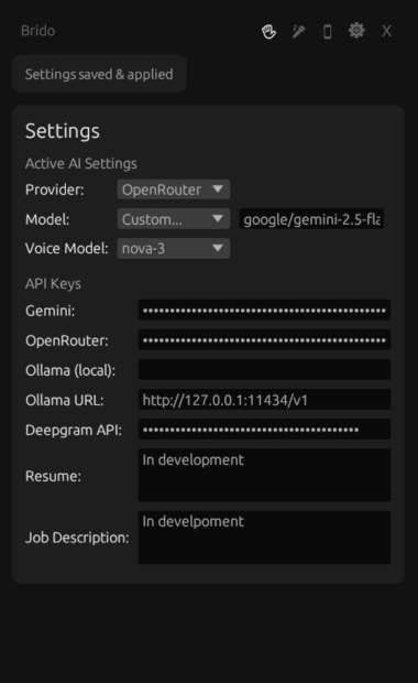 Configure API keys dialog